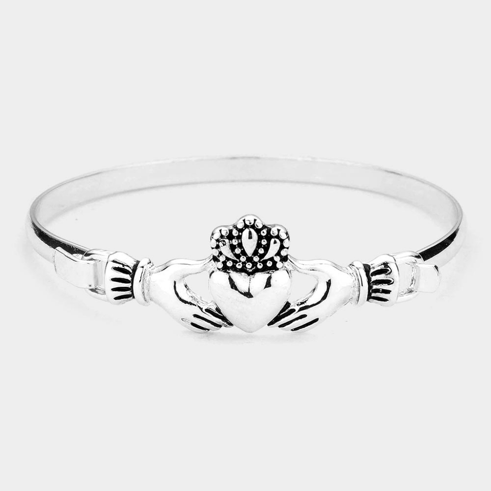 Silver Claddagh Heart Antique Metal Bangle Hook Bracelet